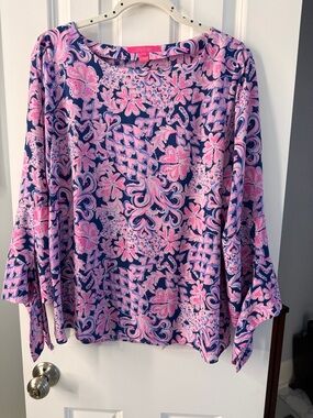 Lilly Pulitzer Pink & Navy Floral Paisley Bell-Sleeve Blouse